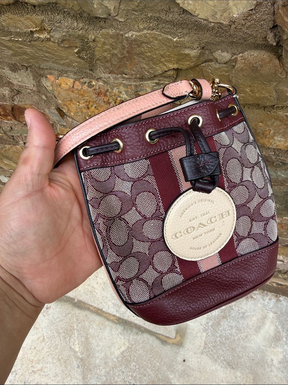 Coach Burgundy Signature Stripe Drawstring Crossbody with Cream Medallion - Picture 9 of 12